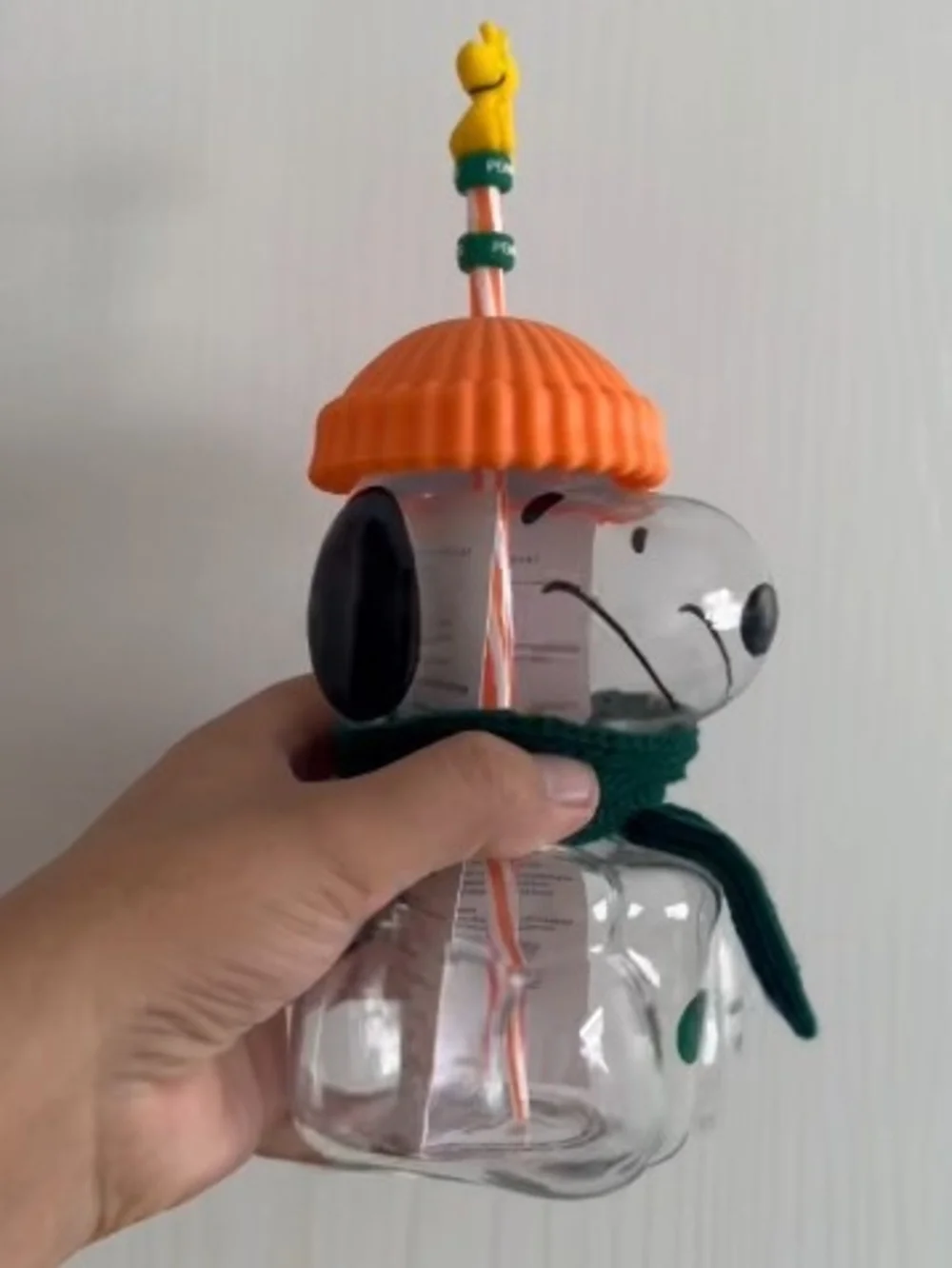 Starbucks Snoopy Glass Vase with Orange Hat and Green Scarf